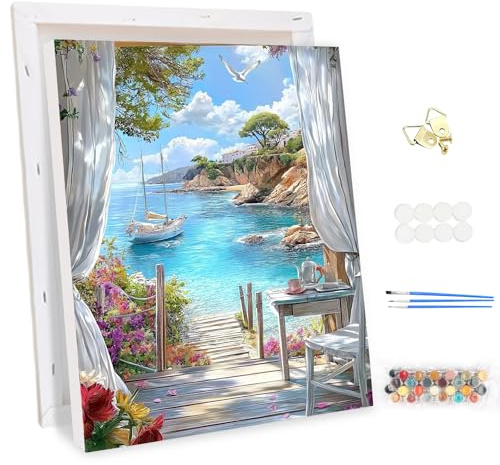 MEIYUDA Pintar por Numeros Adultos con Marco Vistas al Mar Paisaje, DIY Painting by Numbers Kits Cuadros por Numeros, Pintura de Bricolaje Sobre Lienzo con Pinceles Decoración para el Hogar 30x40cm