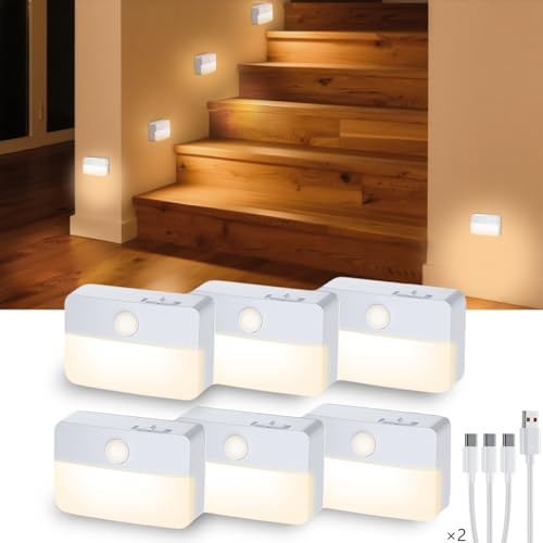 Coolilumi Motion Sensor Night Light Indoor, Rechargeable LED Stair Lights, Warm White Stick-On Wireless Closet Lights, Battery Operated Hallway, Cabinet, Bedroom, Kitchen Lamp (6 Pack, White)