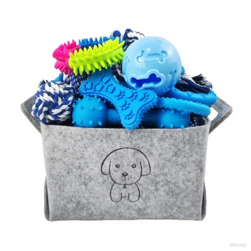 MRSOHRET Upgraded 21Pcs Puppy Chew Toys - Blue Puppy Chew Toys Bundle for Teething, Puppies Teething Toys with Durable Rope Rubber Ball, Pet Interactive Toys for Small Medium Dogs with Basket