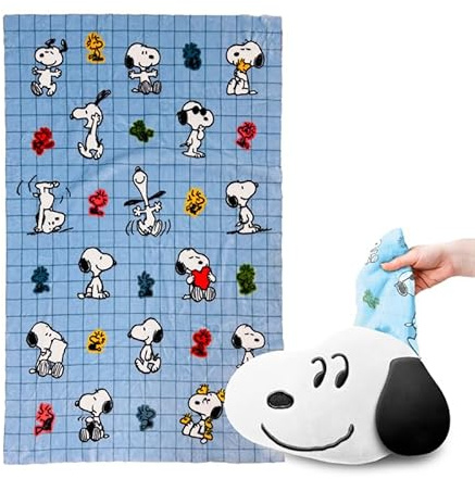 Puckator Blankeazzz Peanuts Snoopy & Woodstock 2 en 1 Peluche et Couverture de Voyage – Accessoires Essentiels de Voyage pour Femmes et Enfants – Couverture Douce, Chaude