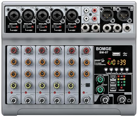 BOMGE Audio Mixer, Sound Board Mixing Console with 7 Channel Digital USB Bluetooth Echo Delay Effect, 48V Phantom Power Stereo DJ Mixers for Recording, Live Streaming, Podcasting (BM-07)