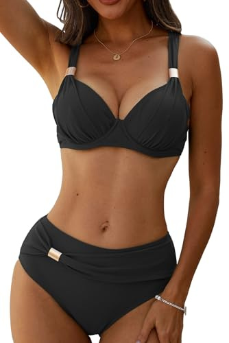 Yutdeng Women Two Piece Bathing Suits Underwire Push Up Bikini Set with Removable Pads High Waisted Swimsuit Vintage Swimwear Tummy Control Swimming Costume Black