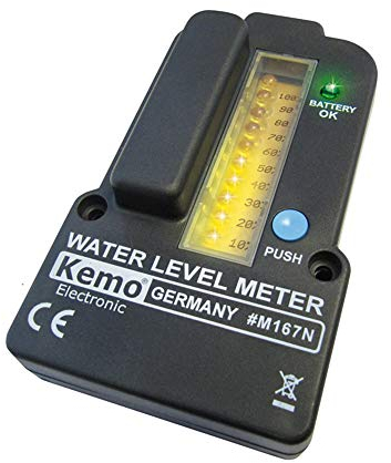 Kemo Indicateur de niveau M167N pour réservoirs d'eau fonctionnant sur batterie. Mesure à distance jusqu'à 100 mètres. Pour eau de pluie, chambres d'égout, réservoirs à lisier. Avec voyants LED