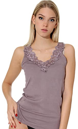 Damen Shirt, Unterhemd Gekämmte Baumwolle mit extra großer Spitze Ohne Seitennaht (52/54, Taupe)