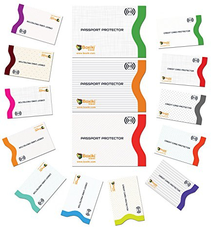 Boxiki Travel RFID, set di 15 custodie con codifica colore | 12 porta carte di credito + 3 protezioni per passaporto | Ultimate antifurto (bianco)