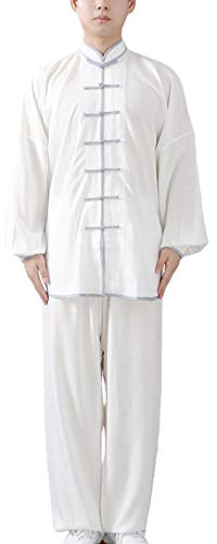FUYUFU Tai Chi outfit i bomull och linne unisex kampsportkläder kung fu-kostym för män och kvinnor (ett set) (vit grå kant/långärmad, M)