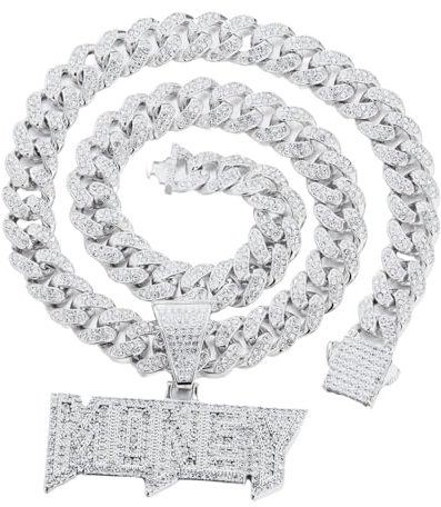 Halukakah Collana con Ciondolo Placcato in Platino per Uomo - Oltre 1000 Diamanti - Catena a Maglie Cubane - Ciondolo a Lettera di Money 3D di Diamanti in Grappolo - Stile Hip Hop - con Scatola Regalo