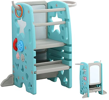 UNICOO Multifunctional Kids Step Stool with Double Safety Rails, Height Adjustable, Toddler Tower for Kitchen Countertop and Bathroom with Big Drawing Board & Games (OMLT-Mint Green)