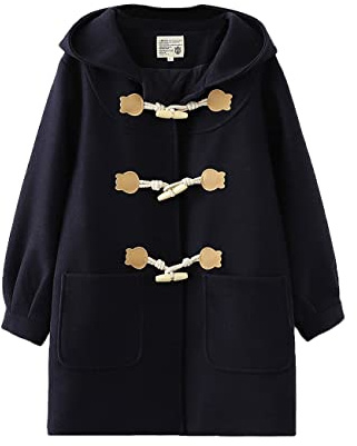 HIMI HIMIFASHION Teen Girls Duffle Coat Cute Horn Buttons Winter Casual Fleece Hooded Outerwear with Pockets Solid color Woolen Coats Jacket (as8, alpha, l, regular, regular, Navy, L)