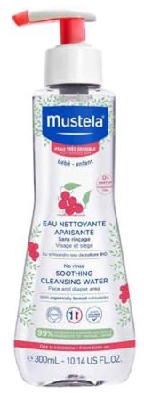 Mustela Fluido Detergente Lenitivo Senza Risciacquo, Acqua Micellare Viso, Cambio Pannolino e Make Up, Neonati e Tutta la Famiglia - Pelle Sensibile, 99% Ingredienti di Origine Naturale (Spray 300ml)