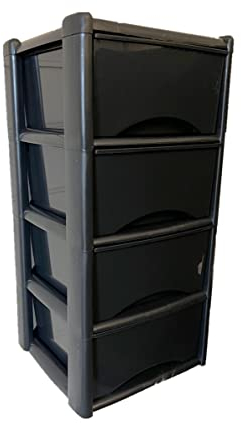 Large 4 Drawer Plastic Storage Tower Unit Ideal for Tools, Toys, Stationary, Documents & Clothes - Storage Unit with Drawers, Plastic Storage Drawers, Black Drawers with Black Frame -39cm x 39cmx 80cm