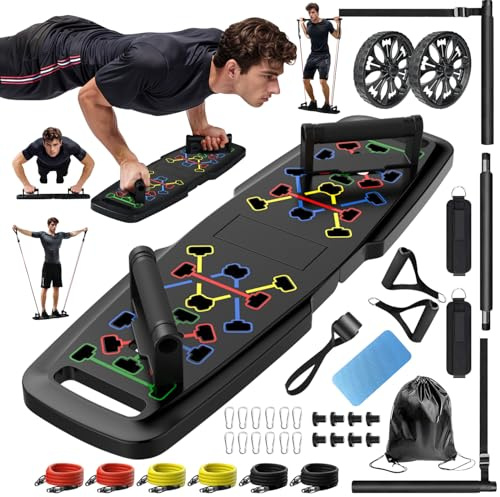 MQRW Push Up Board,Home Gym,Portable Exercise Equipment,Pilates Bar & 20 Fitness Accessories with Resistance Bands & Ab Roller Wheel,Full Body Workout at Home