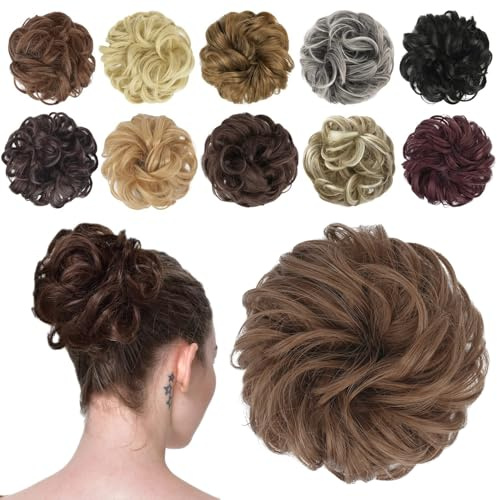 FESHFEN Chignon Finto per Capelli, Coda Chignon Capelli Extension Finti con Elastico Sintetica Ondulato Naturale Posticci per Capelli Spessi Updo per Donne, 42g Castano Medio