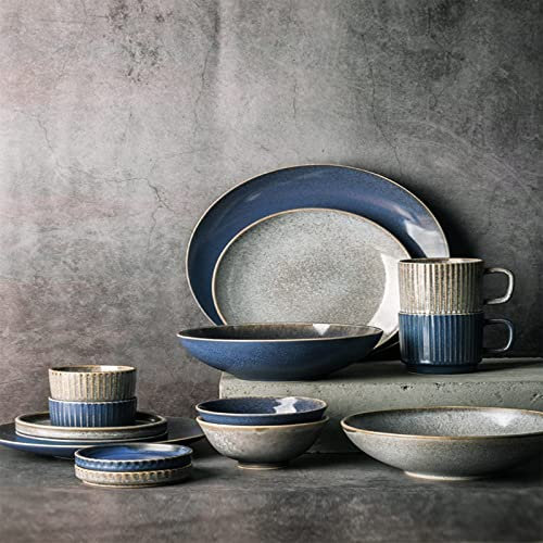 IUBGFTO Set di stoviglie, Set di stoviglie in gres smaltato, Set di stoviglie Combinato, Il Set di Piatti comprende Piatti Piani, Piatti da Dessert, insalatiere, Servizio da 18 Pezzi per 4