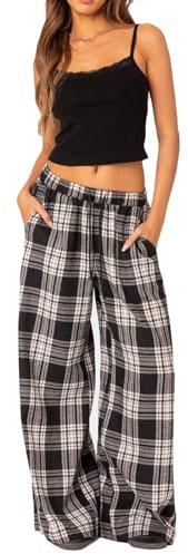 Geagodelia Damen Pyjamahose Sommer Pyjama Hosen Schlafhose Leichte Gestreifte Lange Hose Y2k Lounge Pants Sommerhose Freizeithose Nachtwäsche (G - Schwarz Weiß Karierte, S)