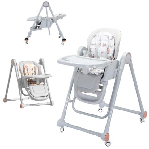 BATHBY Trona Evolutiva 3 en 1 – Plegable y Portátil, con Altura, Reposapiés, Respaldo y Bandeja todo Ajustables, 8 Niveles de Regulación y Sistema de Seguridad, Hasta 6 Años (Gris)