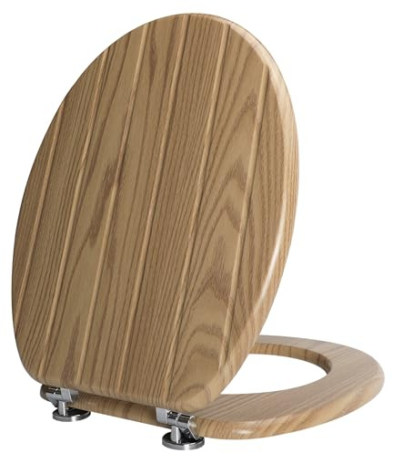 Angel Shield Toilettensitz aus Holz, antibakteriell, verstellbare Scharniere, Toilettensitz aus Holz, passt perfekt, rutscht nie für Badezimmer (Klassisch, Gestreifte Eiche)