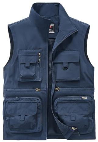 Sukany Men's Casual Outdoor Fishing Vest Jacket Safari Work Gilet Travel Cargo Photo Mesh Waistcoat with Multi Pockets Blue XL