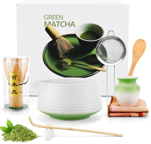 USHOP Te Matcha Kit de 8 Piezas,Juego de Té Matcha con Cuenco de Matcha con Boquilla, Batidor Matcha, Paño de Cocina,Colador para la Ceremonia Del Té,Set de Regalo para Amantes Del Matcha