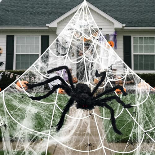AllisWay Decorazioni Halloween Giardino, 500CM Ragnatela Gigante Halloween+125CM Ragno Gigante Halloween+45G Ragnatele Finte Decorazioni Halloween+20PCS Ragni Halloween, Decorazione Halloween Ssterno