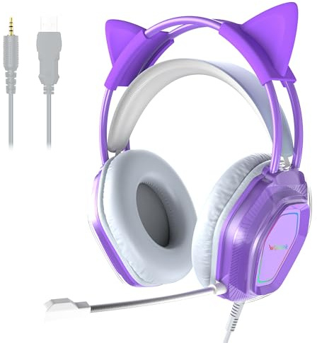 Wantak - Auricolari con microfono e cavo (3,5 mm/USB) - Cuffie da gioco per PC/PS5/Xbox - Cancelling del rumore, suono Hi-Fi, 20-20.000Hz - Leggero e confortevole per donne/ragazze (viola)