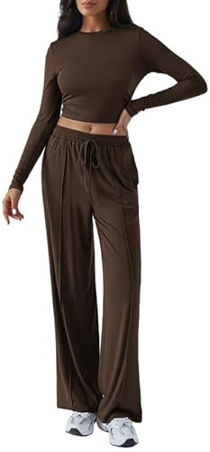 Sukiglam Tuta da Ginnastica Donna Manica Lunga Casual 2 Pezzi Completi Sportiva Classico Girocollo Top Corto e Pantaloni a Gamba Larga con Tasche Lounge Set Elegante Tute per Jogging Y2K Streetwear