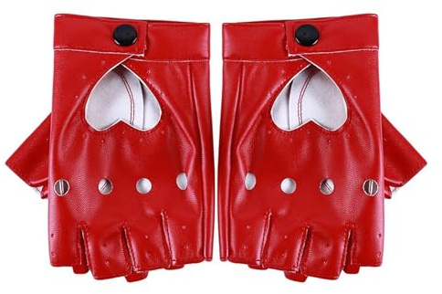 AWAVM Fingerlose Lederhandschuhe, schwarz, fingerlose Handschuhe für Damen und Herren, Punk, Halbfinger, Biker-Zubehör für Motorrad, Tanz, Spieler, Rock, Hip Hop, Cosplay, rot, One size