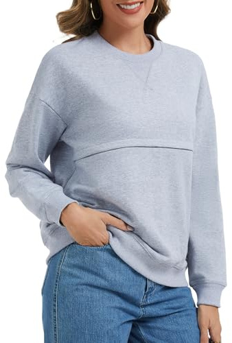 Sosolism Sweatshirts d’Allaitement Femme Zippé Haut en Coton, Gris, S