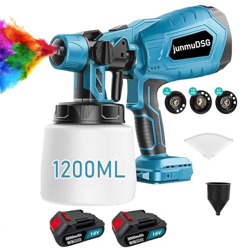 Farbsprühsystem, 500W HVLP Elektrische Spritzpistole,2 * 3.0Ah Akku- 1200ML Behälter, 1000 ml/min, 3 Düsen & 3 Sprühmuster, Einstellbarer Durchfluss, für Möbel, Wände & Zäune(Blau) ﻿﻿