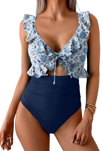 Yutdeng Bañador Mujer Reductor Barriga Traje de Baño Una Pieza con Volantes Vientre Plano Bañador Push Up con Relleno Ropa de Baño Mujer Bañadores Reductores Tallas Grandes Swimsuit Women,Azul,L
