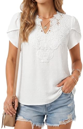 Arach&Cloz Womens Tops Summer Ruffle Short Sleeve V Neck Lace Blouse Casual Dressy Boho Swiss Dot Shirts White,M