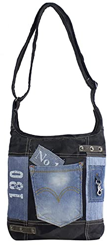 Sunsa Damen Tasche. Umhängetasche aus recycelte Jeans Canvas und Leder. Hobo Jeanstasche. Nachhaltige Schultertasche. Vintage Crossbody Damentasche. Taschen für Sie/Ihn (blau)