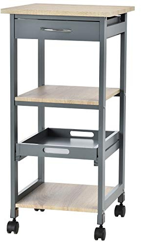 HOMCOM Chariot de Service desserte de Cuisine à roulettes 2 étagères + Plateau Amovible + tiroir Bois de pin MDF Gris chêne Clair