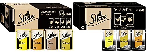 Sheba Delikatesse in Gelee – Hochwertiges Katzen Nassfutter mit feiner Geflügelauswahl, 72 x 85g & Fresh & Fine in Sauce - Hochwertiges Katzen Nassfutter - Portionsbeutel Multipack mit Huhn, 75 x 50g