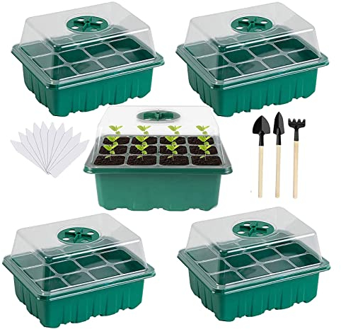 Mecctuck 5 Piezas Bandeja Semillas, Semillero Invernadero Mini, Bandeja de plántulas 12 Células con Tapa con 3 Herramienta de Plantación y 10 Etiquetas botánicas (Verde) (Verde)