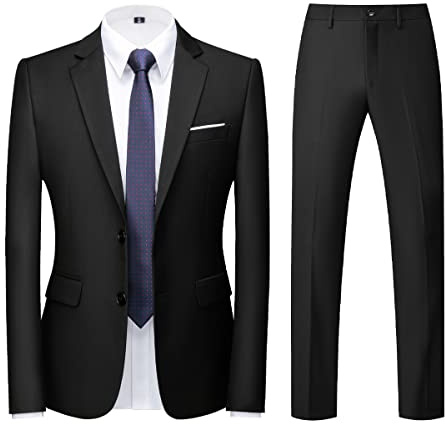 KUDORO Costume Homme 2 pièces Slim Fit Smoking Simple Poitrine à Deux Boutons, Men Suits 2 Piece Noir pour Mariage Business Fête Confort Elégant Blazer Veste et Pantalon（Noir,L