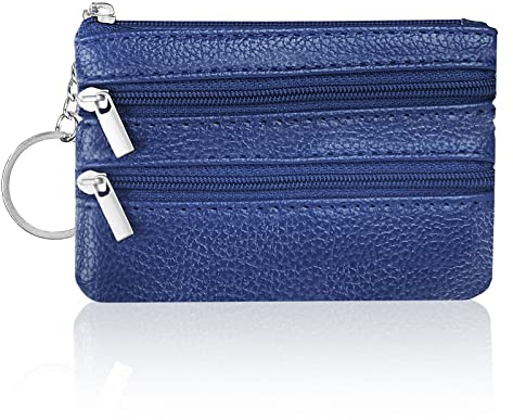 Aucuu Coin Purse Leather Zipper Wallet Card Holder Key Case Women Mini Wallet, with 3 Compartments & Keychain, Small & Lightweight, Easy to Carry, 12 * 8 CM (Blue)