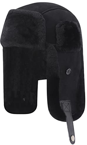 Harssidanzar Lammfell Shearling Wintermütze für Herren und Damen Echtes Leder Trappermütze Fliegermütze Aviatormütze Hut mit Ohrenklappen CU603EU, Schwarz, Größe L
