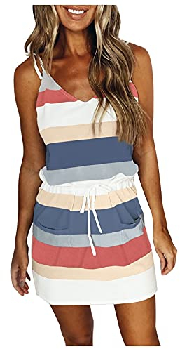 Sommerkleid Damen Kurz - Spaghetti Träger Kleid Damen Sommer -Gestreifte Minikleid Damen Sexy Ärmellos V Ausschnitt Kleider Strandkleid Sommerkleider Teenager Mädchen Trägerkleid Partykleid