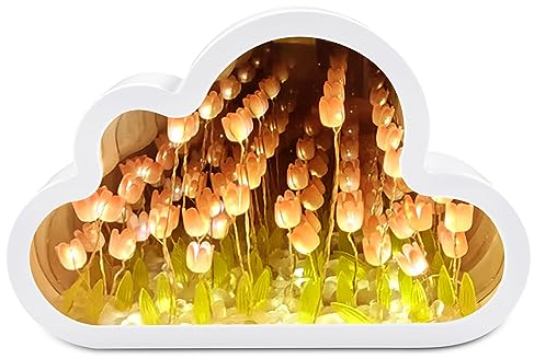 Funmo lámpara de tulipán con espejo de nube para bricolaje, luz de noche de tulipán 2 en 1 con espejo,hecha a mano, flor de simulación,regalos de cumpleaños para amigos (rosa)