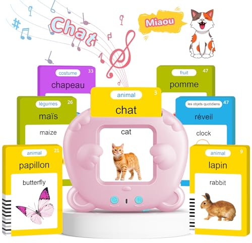 AHJ Cartes Flash Parlantes (Français Standard), Carte éducatif Jouet pour Enfants de 2 à 6 Ans, Carte Apprentissage Mot Bébé, 3 Mode de Langue-Français/Anglais/Bilingue (Rose)