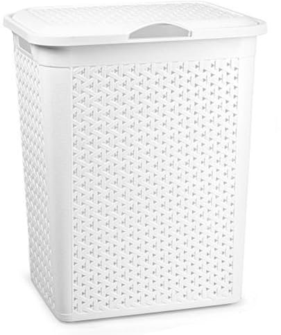 AC - Cesto para Ropa Sucia con Tapa y Asas - Plástico - Fabricado en España - Cubo pongotodo para Colada - Diseño imitación Mimbre - 38 litros - 49 x 38,5 x 29,5 cm - Blanco