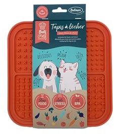 BUBIMEX – Alfombra para lamer 20 x 20 cm, Color Naranja para Perros y Gatos con Ventosa, antiglotón, antiestrés, Silicona sin BPA, Reduce el Mal Aliento, Compatible con lavavajillas y congelador