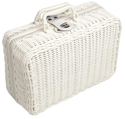 Gralara Bolso de ratán Vintage, Cesta de Picnic de Mimbre, Caja de Almacenamiento, Caja de Maleta de ratán para Camping, Boda, día de San Valentín, Regalo, Blanco, L