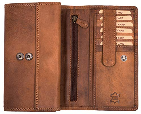 Hill Burry Damen Portemonnaie Leder | Geldbörse Damen Echt Leder Groß | XL Geldbeutel aus weichem Rindsleder | Hochwertiges Vintage Frauen Portmonee mit RFID Schutz (Braun)
