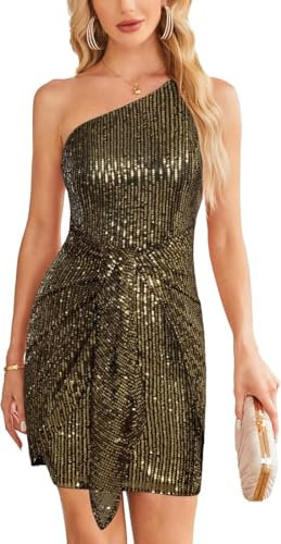 GRACE KARIN Damen Glitzer Abendkleid Glitzernd Bleistiftkleid One Shoulder V-Ausschnitt Rockabilly Vintage Kleid Cocktail Kleid L Schwarz-Gold CL3064S24-08