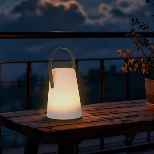 Spetebo LED Tischlampe für Außen mit Lederband konisch - 14 x 10 cm - Garten Tischleuchte mit Timer Funktion - Outdoor Gartenlampe Tisch Leuchte Deko Lampe