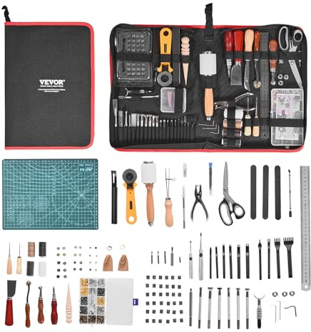 VEVOR Kit di Utensili per Lavorazione della Pelle, 61 Pezzi, Utensili per Lavorazione della Pelle con Borsa Portaoggetti Portatile in Tela, per Incisione, Punzonatura, Cucito, Timbratura, Levigatura