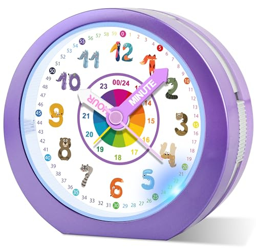 Ayybboo Kids Alarm Clock Bedside Girls Boys,Silent Non-Ticking Battery Powered Analogue Clocks with Night Light and Snooze,Colorful Design to Help Children Learning Time