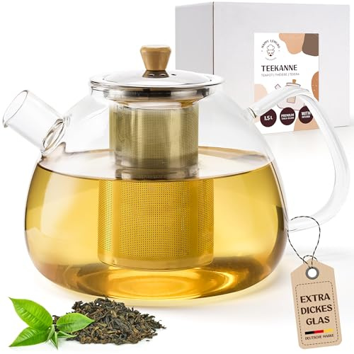 Happy Lemuro Glas Teekanne mit Siebeinsatz - 1,5 Liter - Erhöhte Glasstärke - Teekanne Glas - Teezubereiter für Losen Tee - robuster Teebereiter - Glaskanne Tee - Teegeschirr | Teezubehör